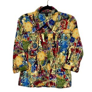 Mirror Image Psychedelic Boho Artsy Floral Denim Jacket Women's‎ Large Retro Y2K
